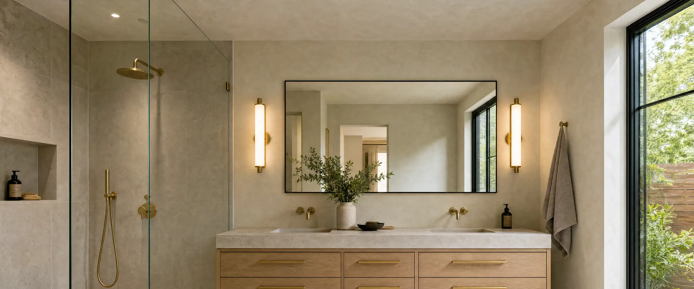 A finished bathroom with a curbless tiled shower, a linear drain and a floating oak vanity.