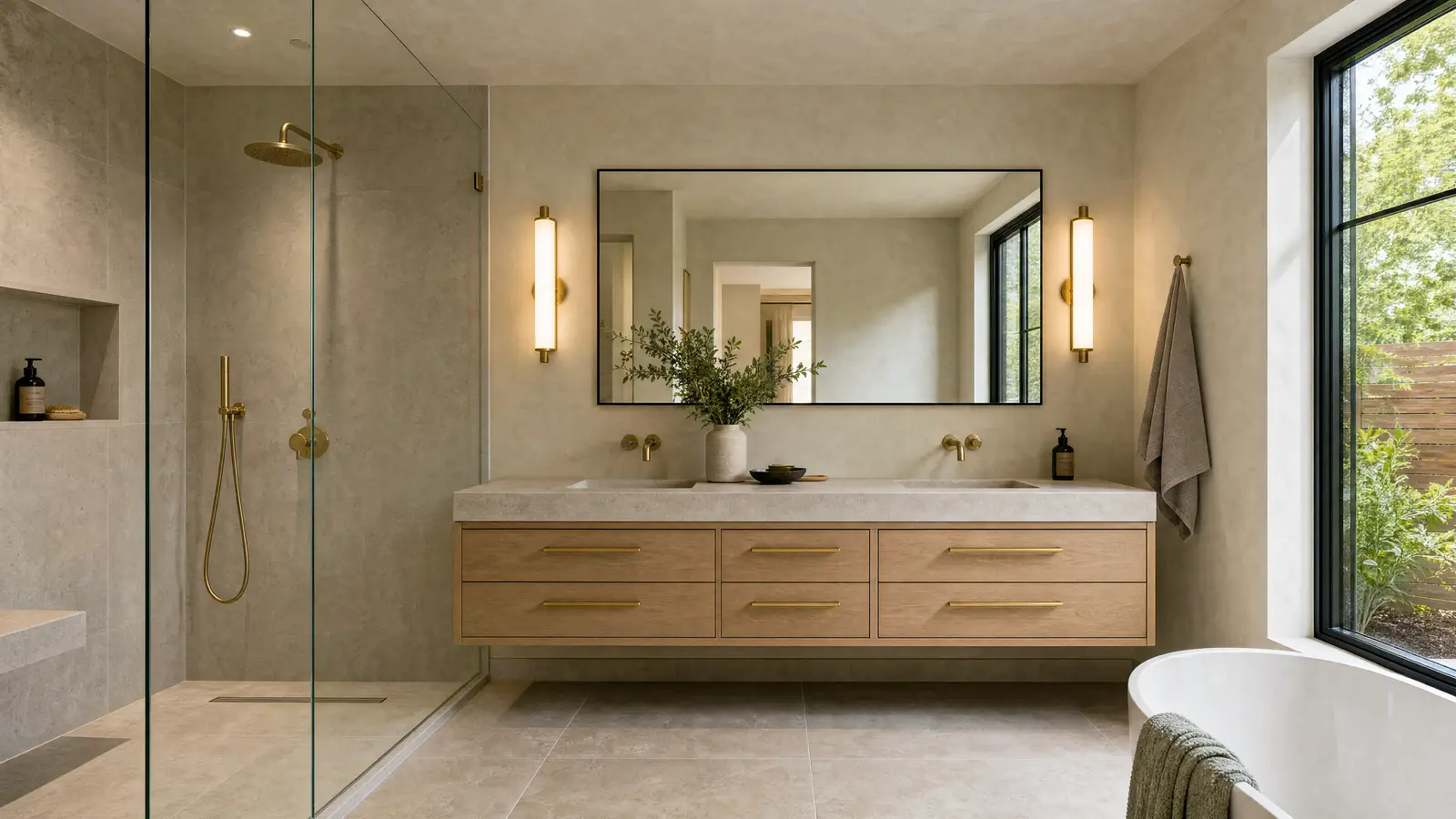 A bathroom taken back to the studs and rebuilt: a curbless tiled shower with a linear drain, hand-set stone over bonded waterproofing.