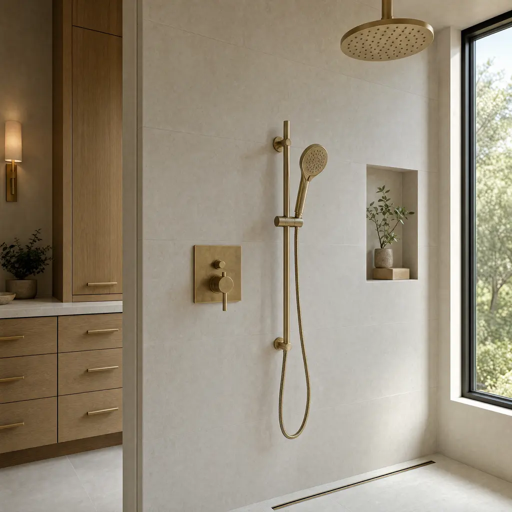 Unlacquered brass shower fittings against large-format honed limestone: a mixer valve, a handheld on a slide bar and a rain head.