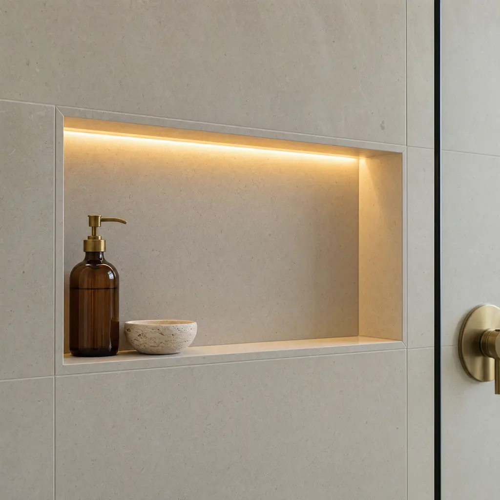 A recessed shower niche in honed limestone lit by a concealed warm LED along its upper edge.