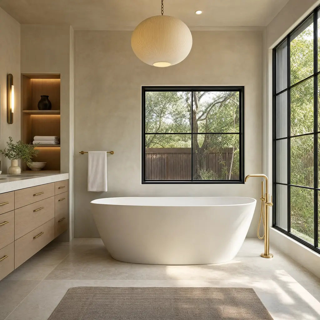 A freestanding matte-white soaking tub beneath a black steel window with a floor-mounted brass filler.