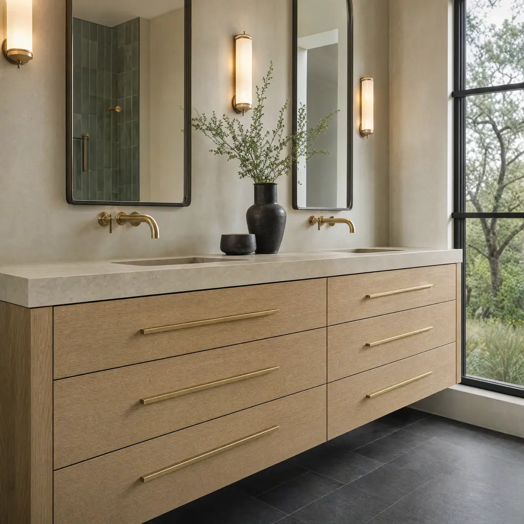 A floating white oak double vanity with a mitred stone top, brass bar pulls and a wall-mounted brass faucet.