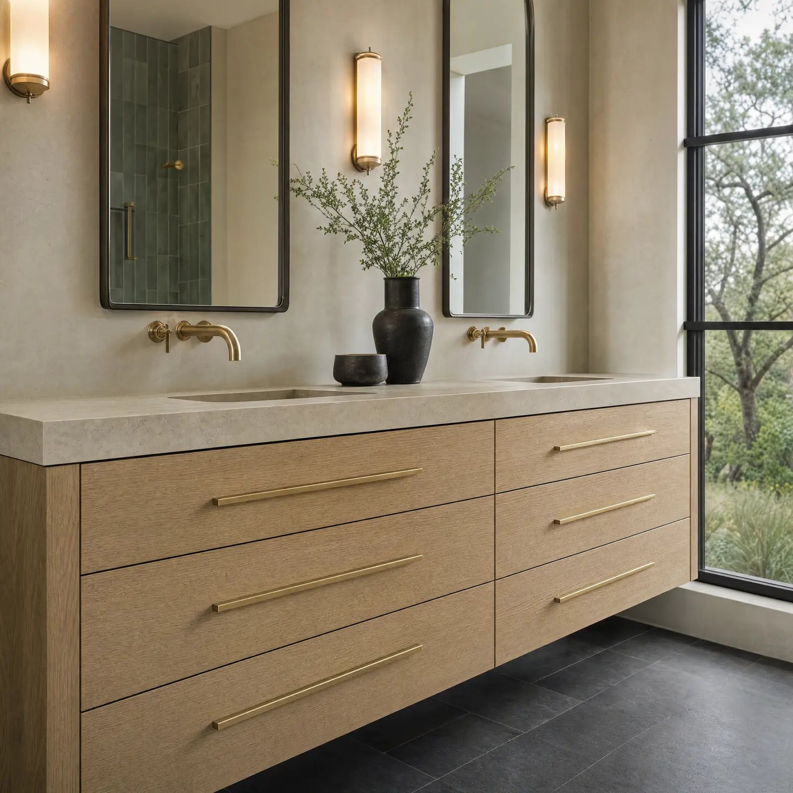 A floating white oak vanity with a mitred stone top and brass fittings.