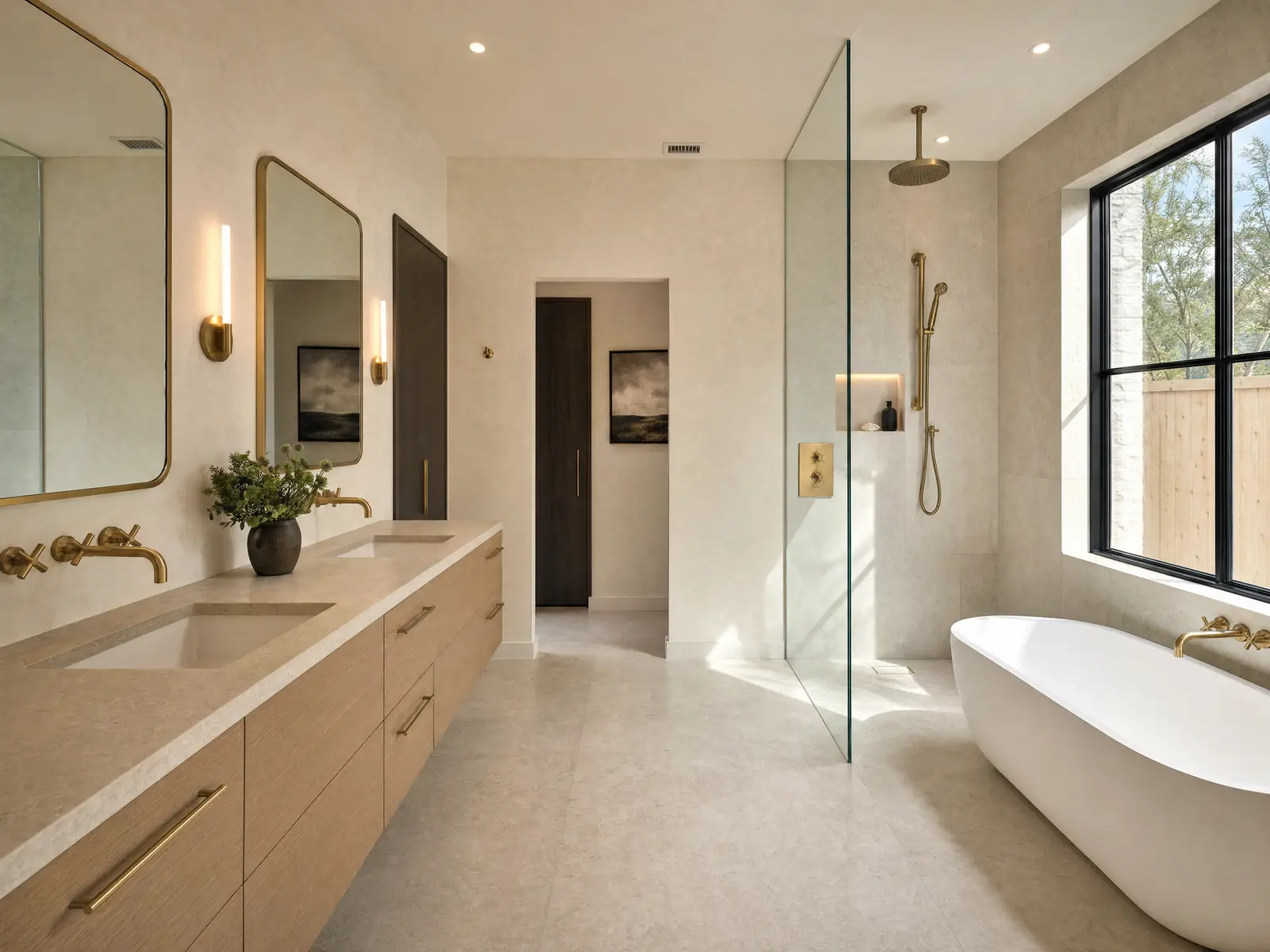 A primary bathroom with a glass-panelled tiled shower, a floating white oak double vanity with two undermount basins, and a freestanding tub beneath a black steel window.