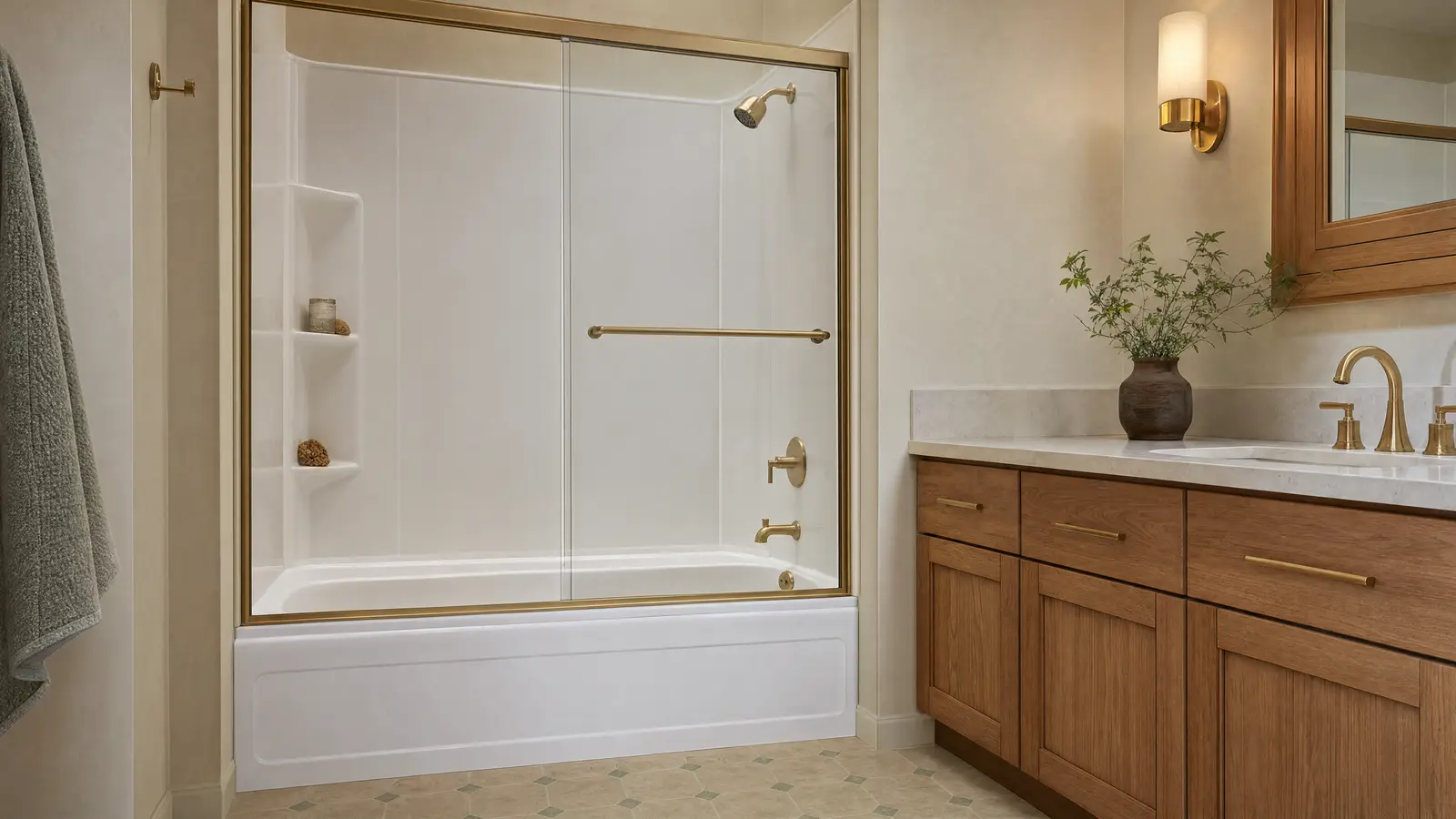 A bathroom finished with a surface refit: an acrylic liner fitted over the existing tub with matching wall panels, seams visible at the corners.
