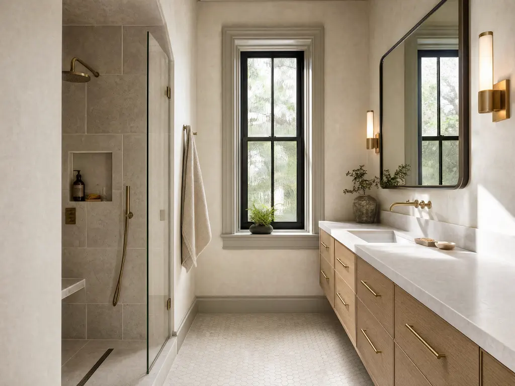 A renovated bathroom in a 1920s Dallas home with a walk-in tiled shower, a floating oak vanity, and tall original window casing against a high ceiling.