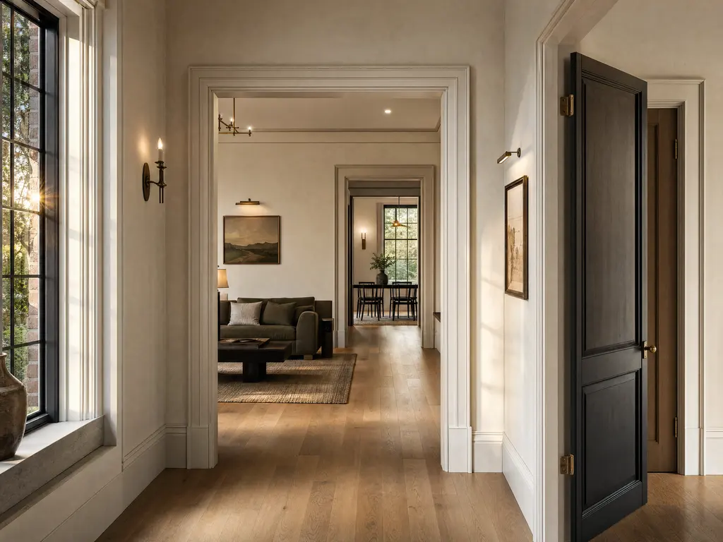 A hallway in a renovated 1920s Dallas home looking through a wide cased opening into a living room with a further dining space beyond, continuous oak flooring and tall original windows.