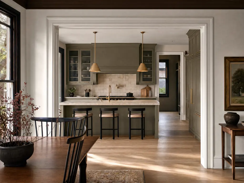 A kitchen in a 1920s Dallas home opened to the dining room through a wide cased opening, with painted shaker cabinetry, a stone island and tall original windows.