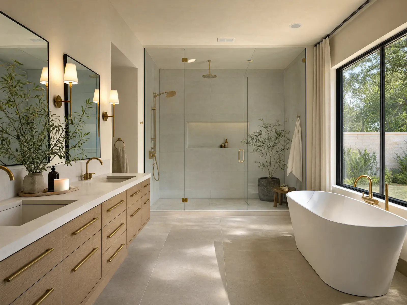 A large renovated primary bathroom in a late-1990s home with a wide frameless glass shower, a freestanding tub beneath a window and a long double vanity in white oak.