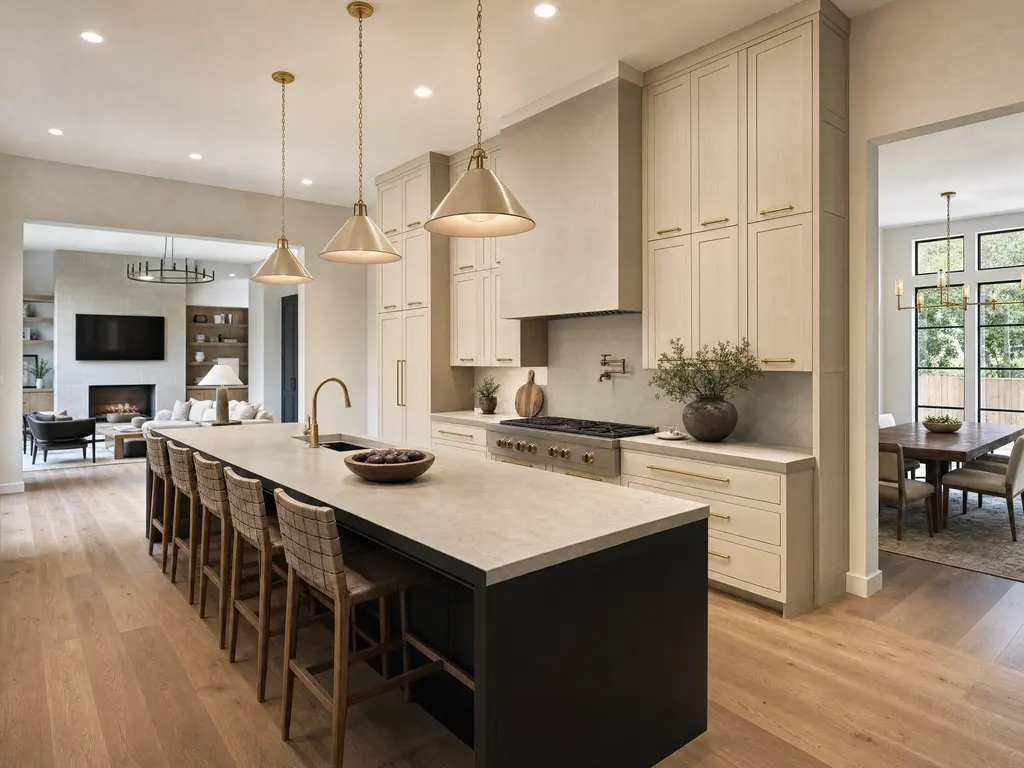 A large renovated kitchen in a late-1990s home with painted cabinetry to the ceiling, a long stone island and a wide opening through to the family room.