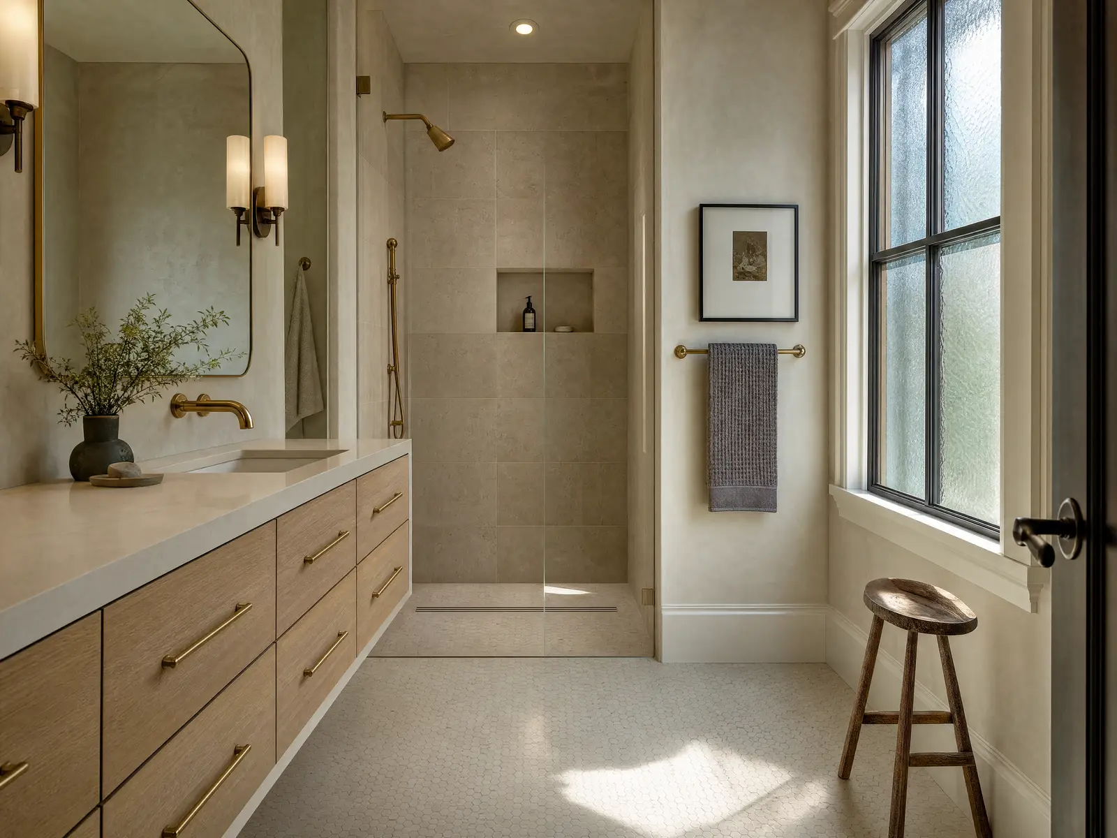 A remodelled bathroom inside an early-twentieth-century bungalow: a walk-in stone shower and a floating oak vanity set within tall original window casing and a high ceiling.