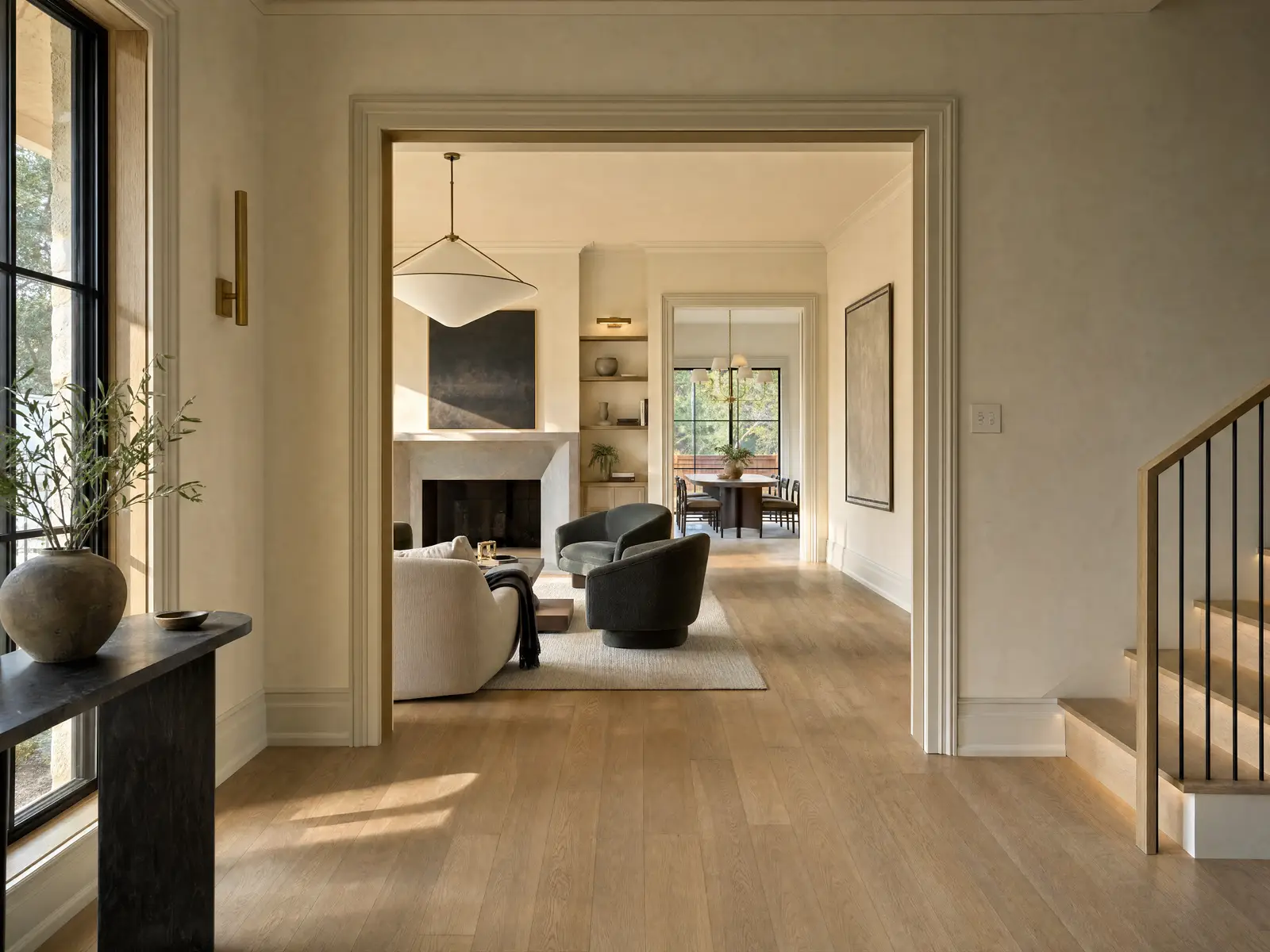 A hallway in an early-twentieth-century Fort Worth home looking through a wide cased opening into a living room, with a dining space beyond, continuous oak flooring and tall original windows.