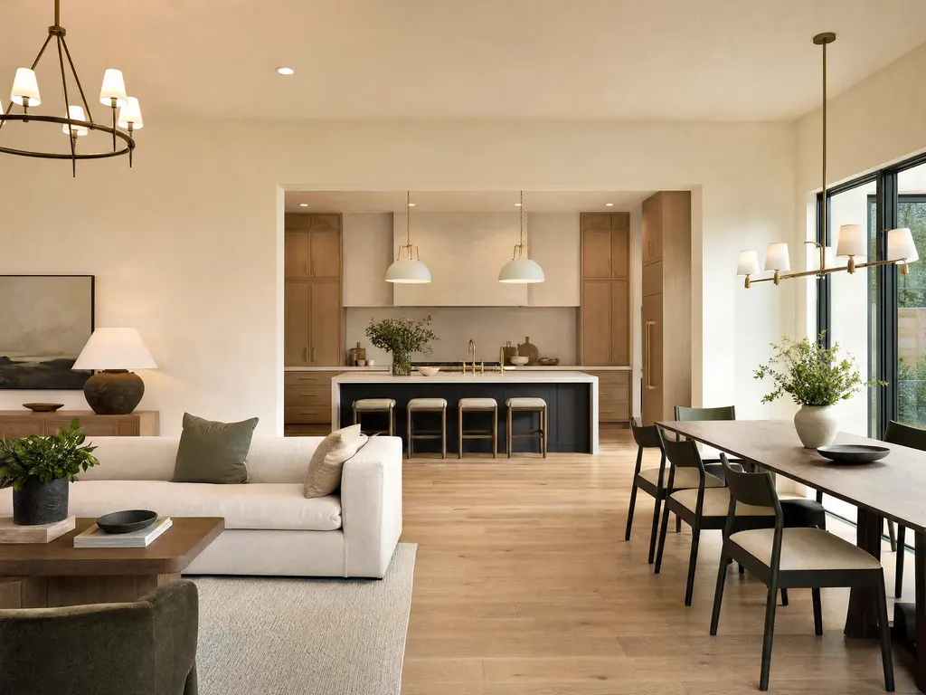An open-plan living and dining space in a newer slab-on-grade home, with continuous wide-plank flooring, a wide opening through to the kitchen and tall modern windows.