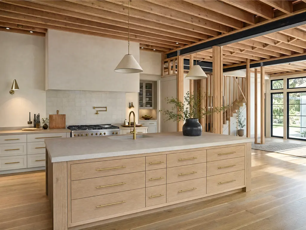 The stripped interior of an early-twentieth-century house with timber stud framing and floor structure exposed, and new supply and electrical lines run between the studs.