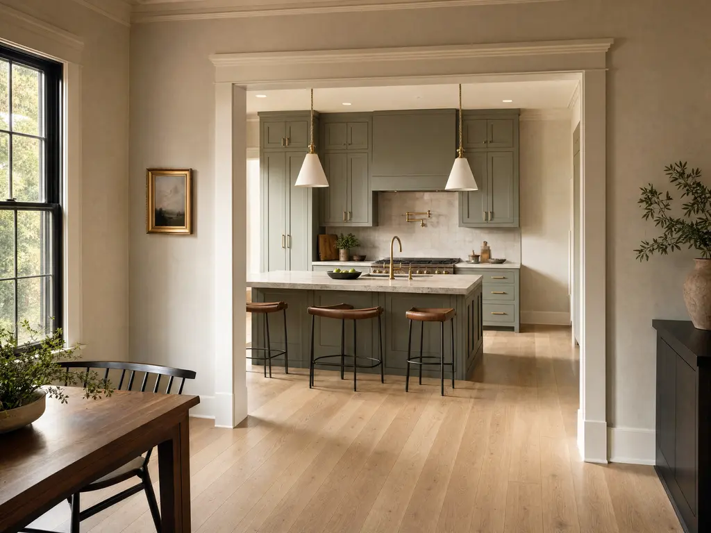 A kitchen in an early-twentieth-century Fort Worth home, opened to the dining room through a wide cased opening, with painted shaker cabinetry, a stone island and tall original windows.