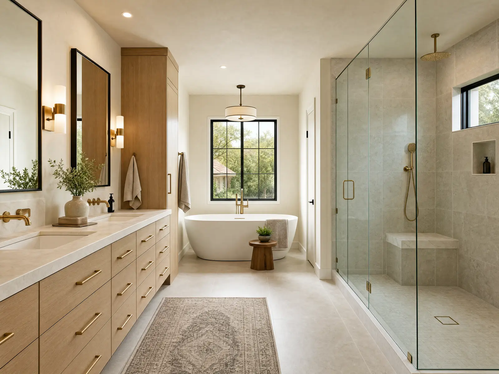 A renovated primary bathroom in a 2000s suburban home with a large frameless glass shower, a freestanding tub, a long double vanity and warm natural light.