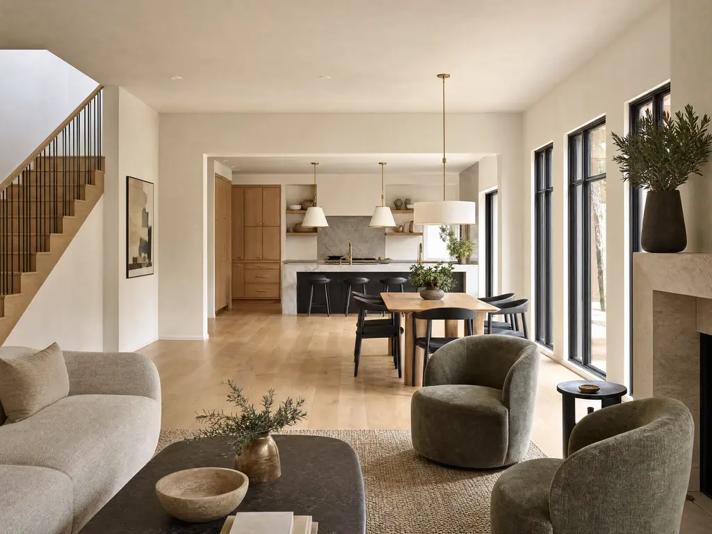 An open living and dining space in a renovated 2000s suburban home with continuous wide-plank flooring, a wide opening to the kitchen and tall windows.