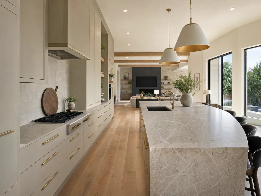 A renovated kitchen in a 2000s suburban home with painted cabinetry to the ceiling, a large island with a stone waterfall edge, and an open view to the family room.