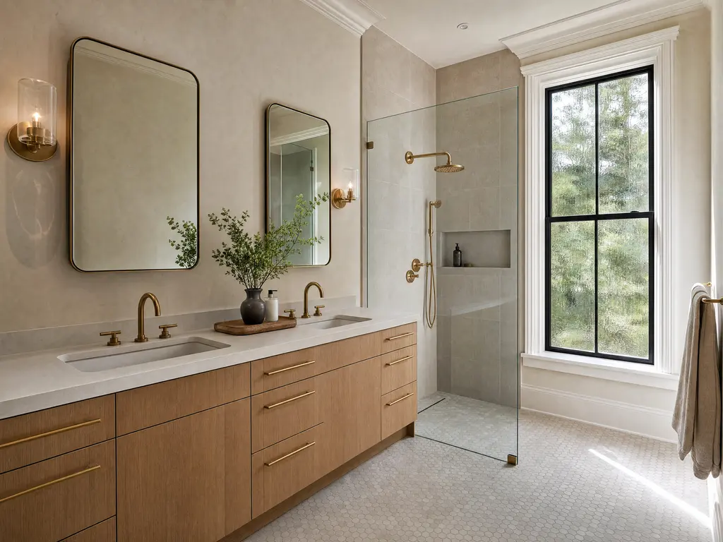 A renovated bathroom in an early-twentieth-century home with a tiled walk-in shower, a timber vanity and tall original window casing under a high ceiling.