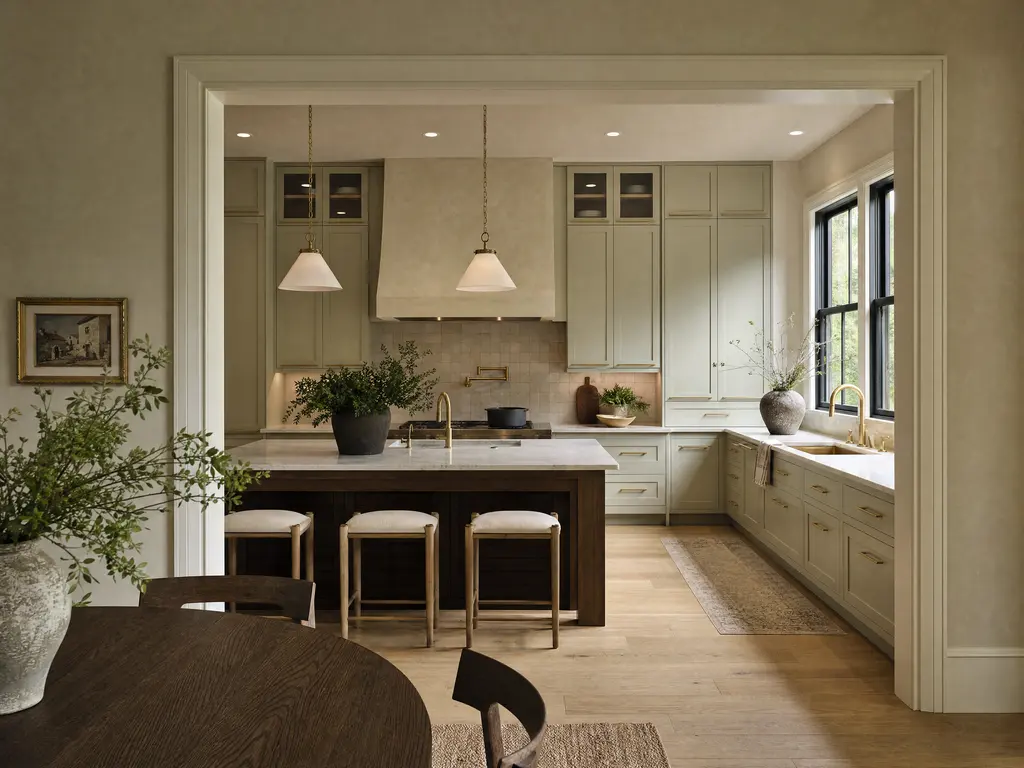 A renovated kitchen in an early-twentieth-century home opened to the dining room through a wide cased opening, with painted cabinetry, a stone island and tall windows.