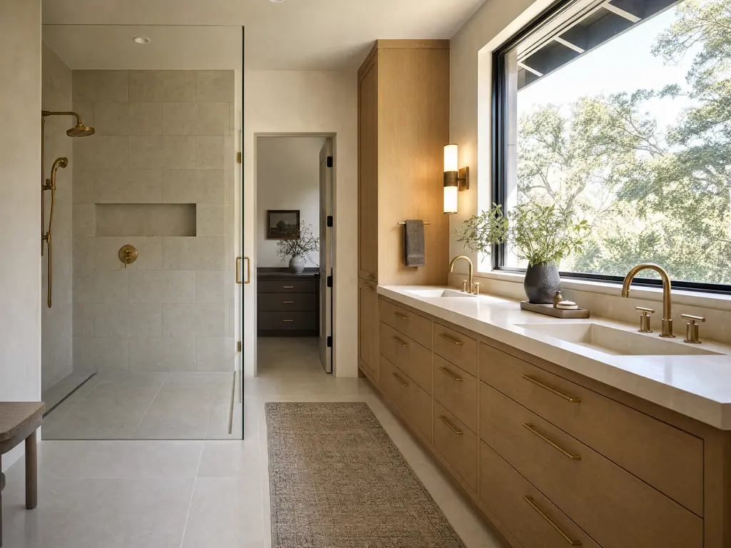 A renovated primary bathroom in a 1990s suburban home with a large tiled walk-in shower, a double vanity in white oak and a window above the tub deck.