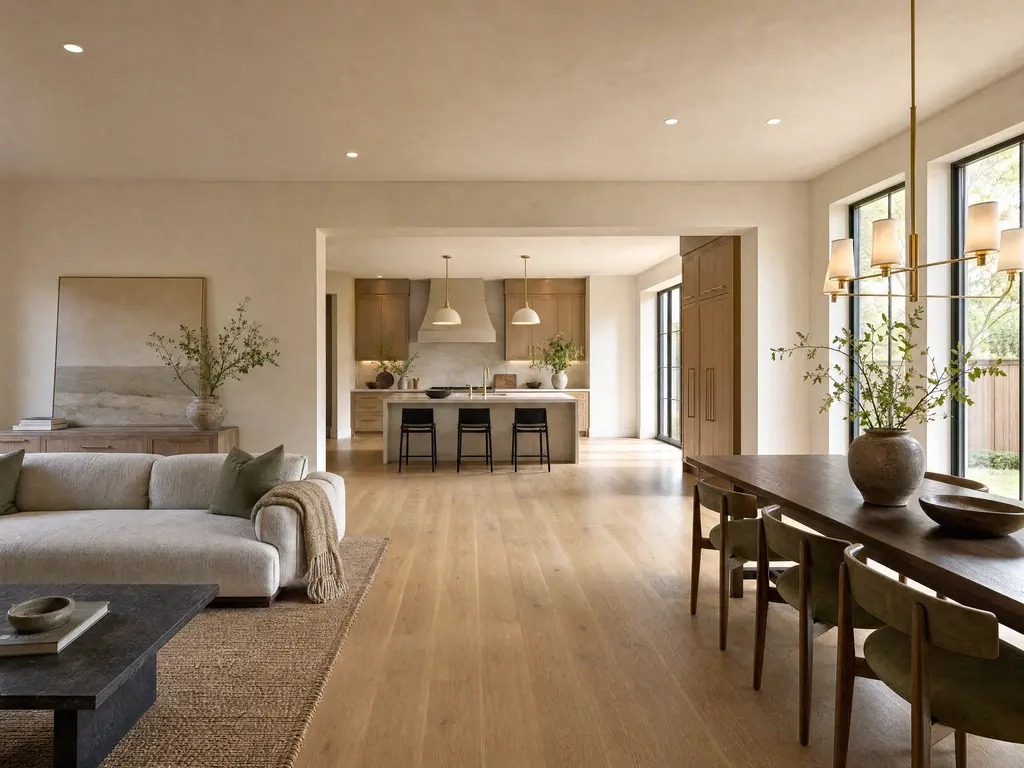 An open living and dining space in a renovated suburban home with continuous wide-plank flooring, a wide opening through to the kitchen and tall windows.