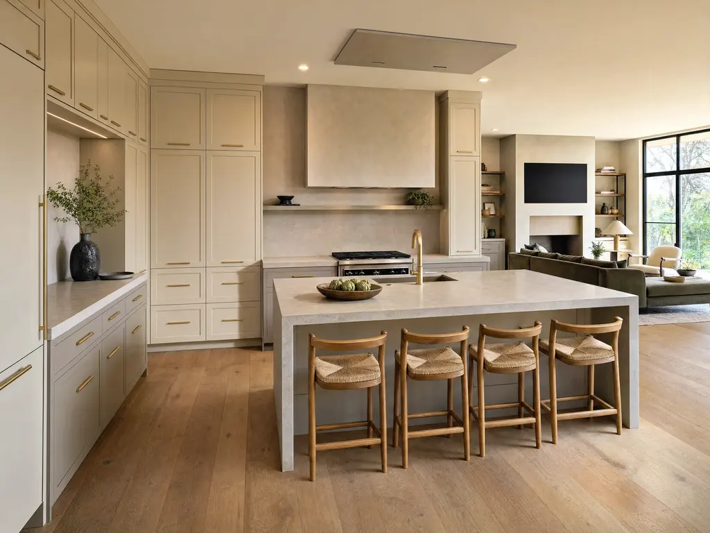 A renovated kitchen in a 1990s suburban home, opened to the family room, with painted cabinetry to the ceiling, a large stone island and recessed lighting.