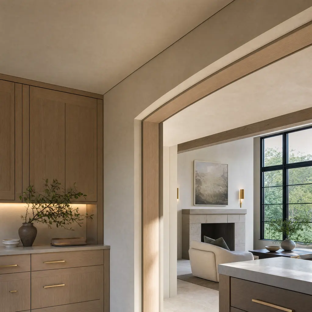 A plaster return around a concealed steel beam where a wide cased opening meets the ceiling.