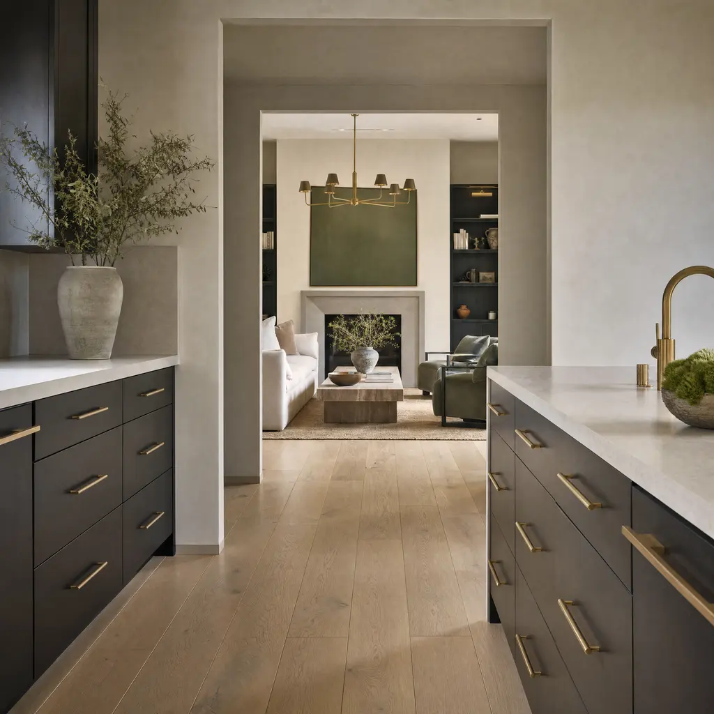 Wide-plank oak flooring running unbroken through a cased opening from one room into the next.
