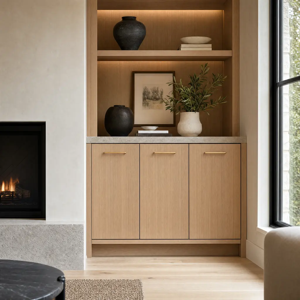 Built-in white oak millwork beside a plastered fireplace with a stone shelf and aligned brass pulls.