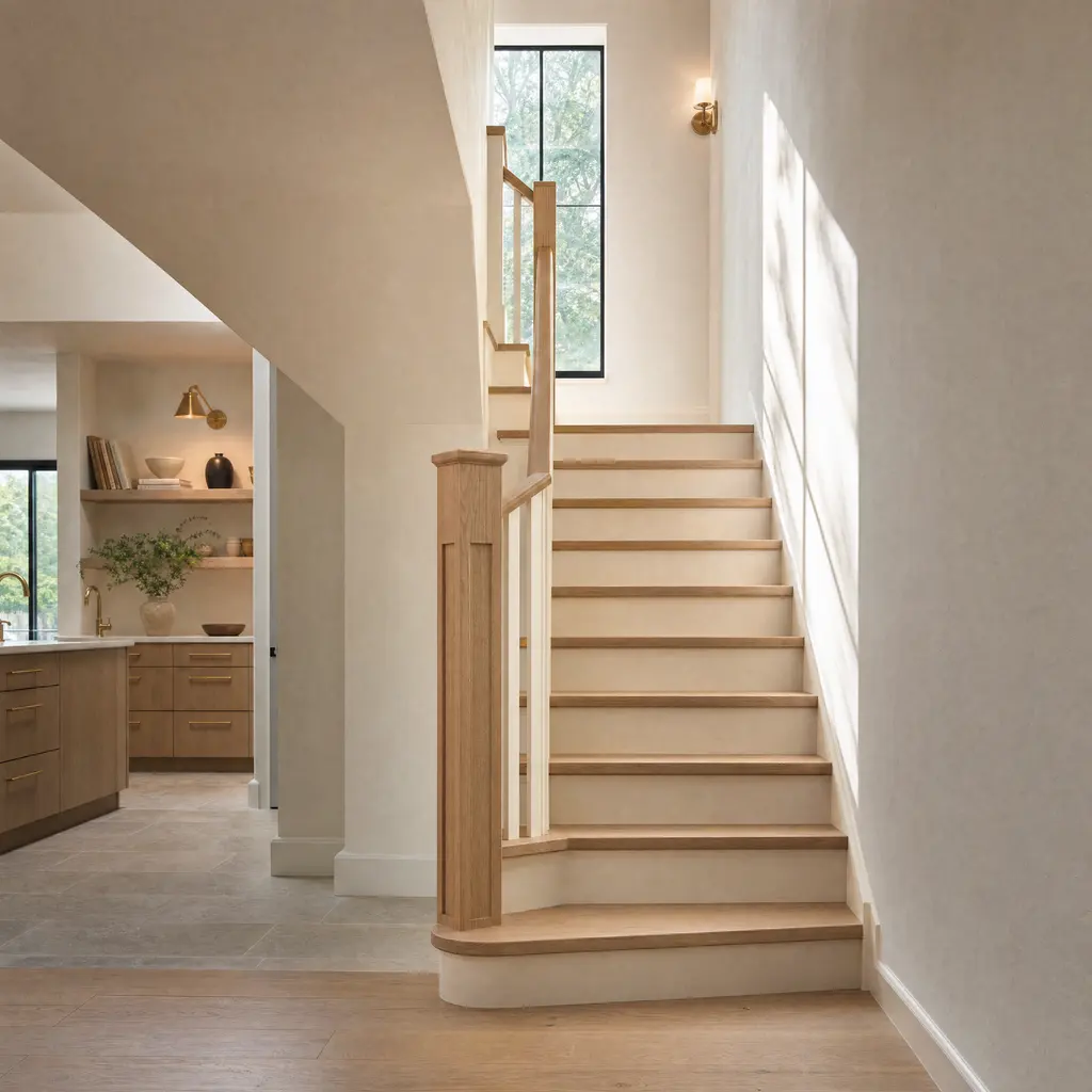 A rebuilt staircase with white oak treads, square painted balusters and daylight from above.