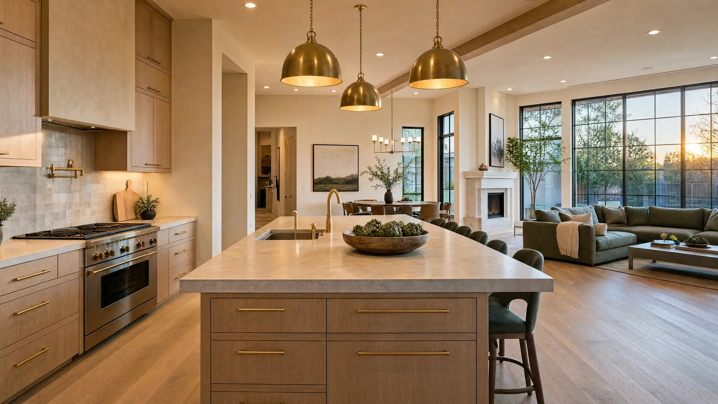 An open-plan kitchen and living space at golden hour, with white oak cabinetry, a stone island, brass pendants and black steel windows.