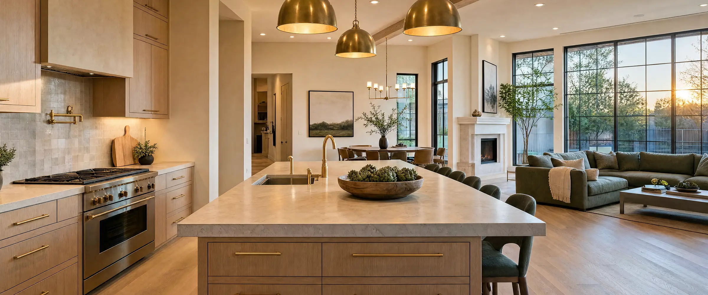 An open-plan kitchen and living space at golden hour with continuous oak flooring and steel windows along the far wall.