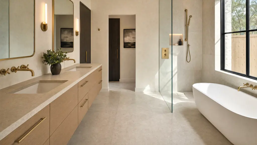 A primary bathroom with a glass-panelled tiled shower, floating white oak vanity and a freestanding tub beneath a steel window.