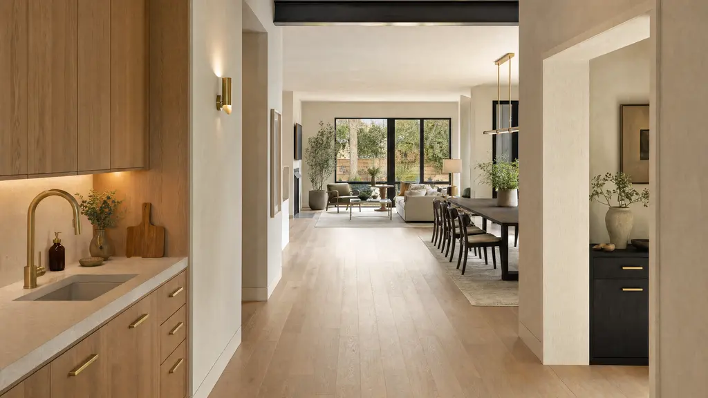 A hallway looking through a cased opening into an open living and dining space with continuous oak flooring.