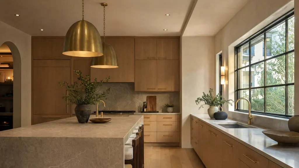 A kitchen at golden hour with white oak cabinetry, a honed stone island and brass pendants.