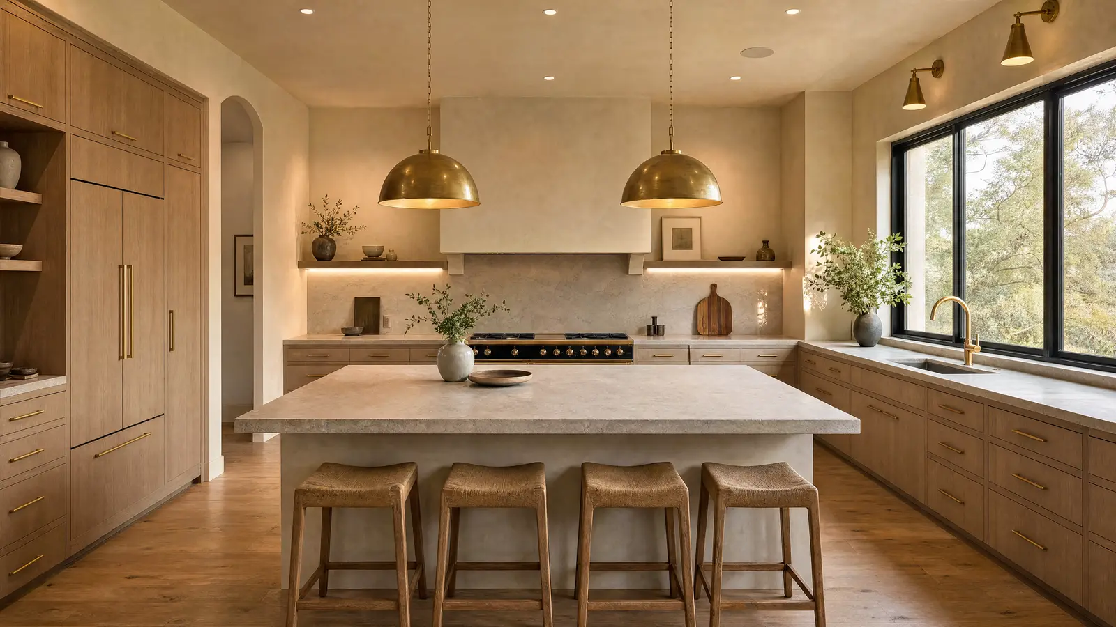 An opened-up kitchen with the dividing wall removed, full-height white oak cabinetry and a single-run stone island.