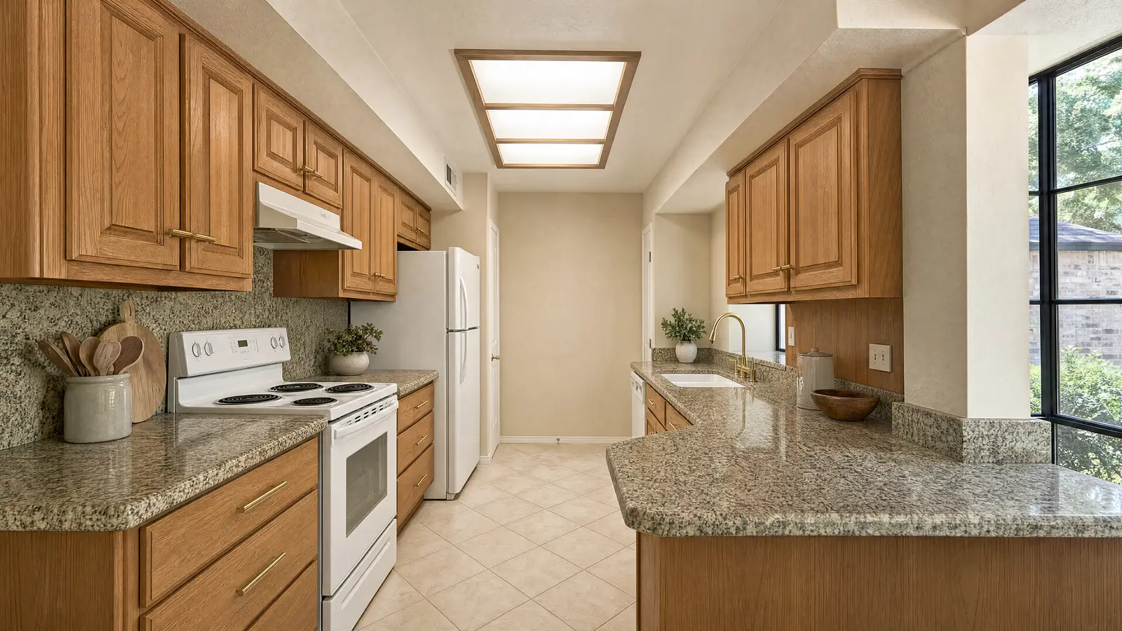 A closed galley kitchen with a full-height dividing wall, dropped soffits above honey-oak cabinets, and a peninsula in place of an island.
