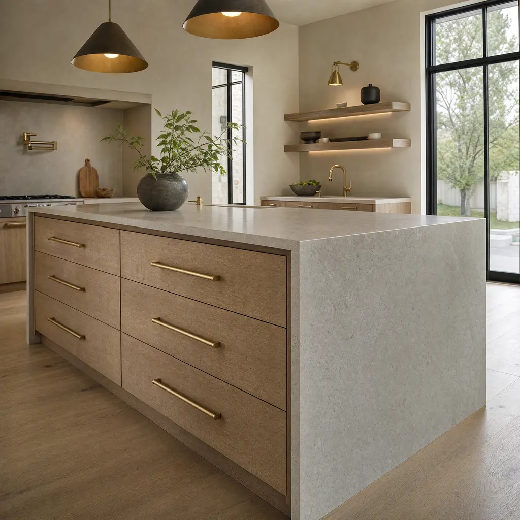 The end of a kitchen island where a mitred waterfall edge in honed stone meets a white oak base.