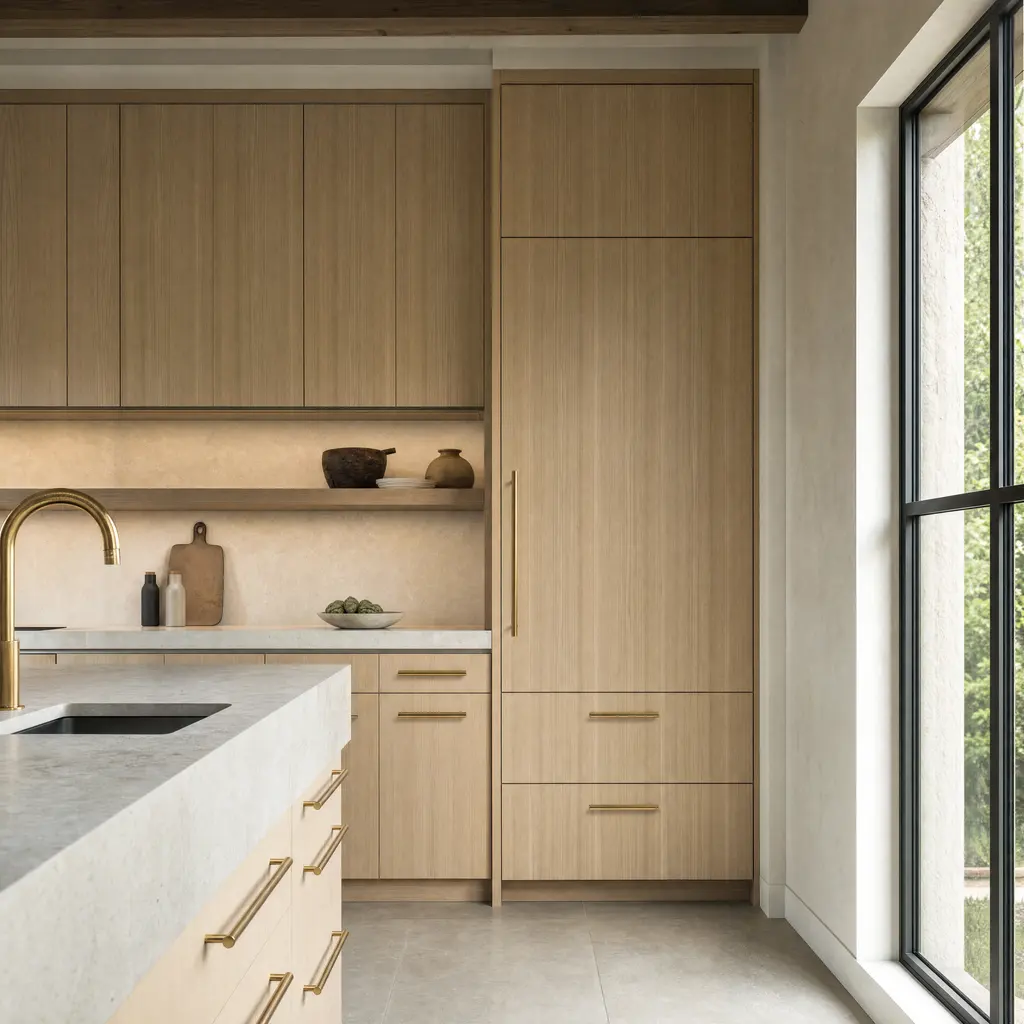 Full-height white oak cabinetry with an integrated panel-front refrigerator and aligned brass pulls.