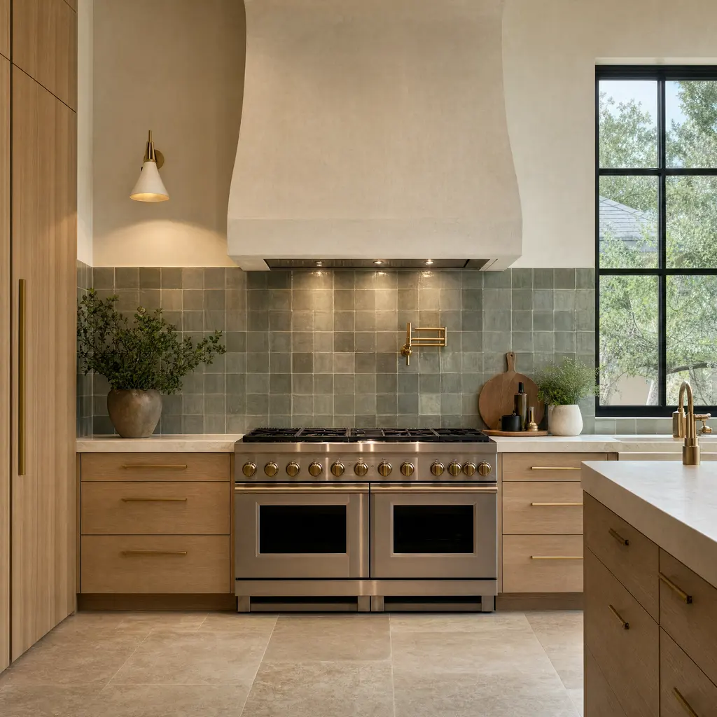 A range wall with a plaster hood, hand-glazed zellige backsplash tile and a brass pot filler.