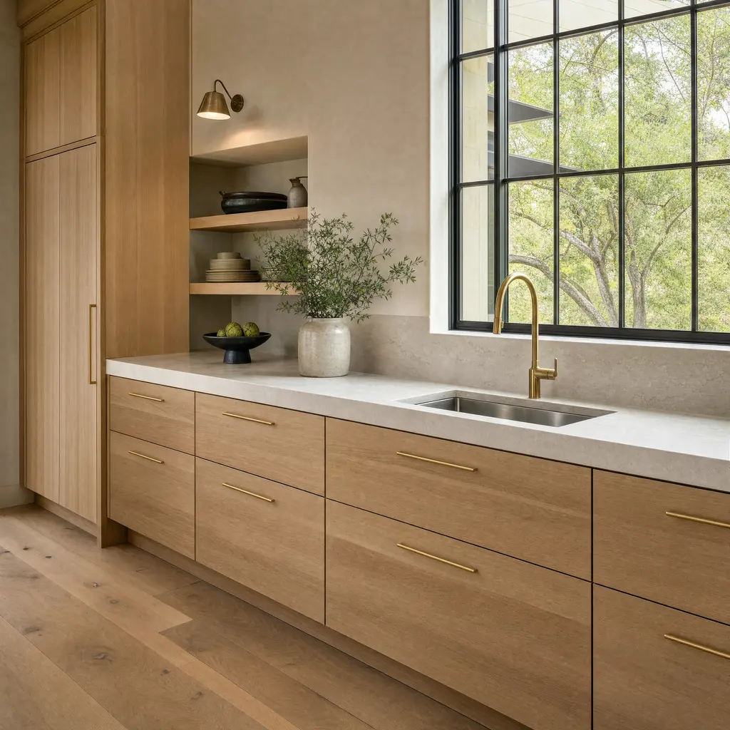 A kitchen sink run with an undermount basin in honed stone, a brass faucet and a black steel window above.